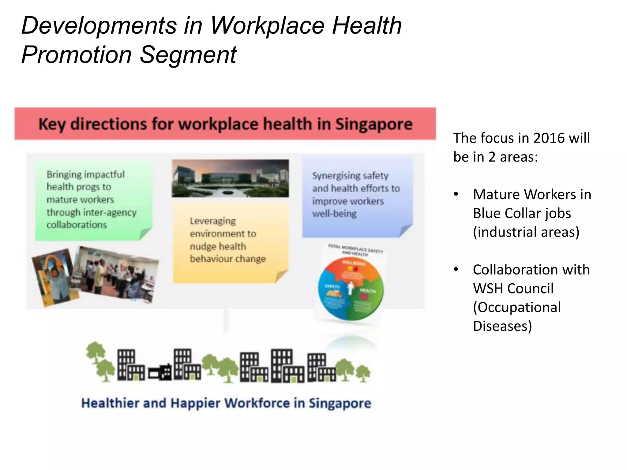 Developments in Workplace Health
Promotion Segment
The focus in 2016 will
be in 2 areas:
• Mature Workers in
Blue Collar jobs
(industrial areas)
• Collaboration with
WSH Council
(Occupational
Diseases)
 