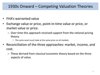 1930s Onward – Competing Valuation Theories
• FHA’s warranted value
• Exchange value or price, point-in-time value or price, or
market value or price.
– Over time this approach received support from the rational pricing
theory.
• The same asset must trade at the same price on all markets.

• Reconciliation of the three approaches: market, income, and
cost.
– These derived from classical economic theory based on the three
aspects of value.

17

 