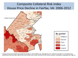 Composite Collateral Risk Index
House Price Decline in Fairfax, VA: 2006-2012

*Range of house price decline by quintile for Fairfax Co., Prince William Co., Montgomery, Co. and Prince George’s Co. (rounded to the
nearest1%) is less than 18%, 18% to 22%, 22% to 34%, 35% to 41%, and 41% to 51%. Source: Author's calculations using data from FNC, Inc.
28

 