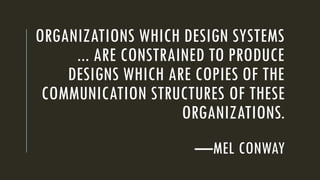 ORGANIZATIONS WHICH DESIGN SYSTEMS
... ARE CONSTRAINED TO PRODUCE
DESIGNS WHICH ARE COPIES OF THE
COMMUNICATION STRUCTURES OF THESE
ORGANIZATIONS.
—MEL CONWAY
 
