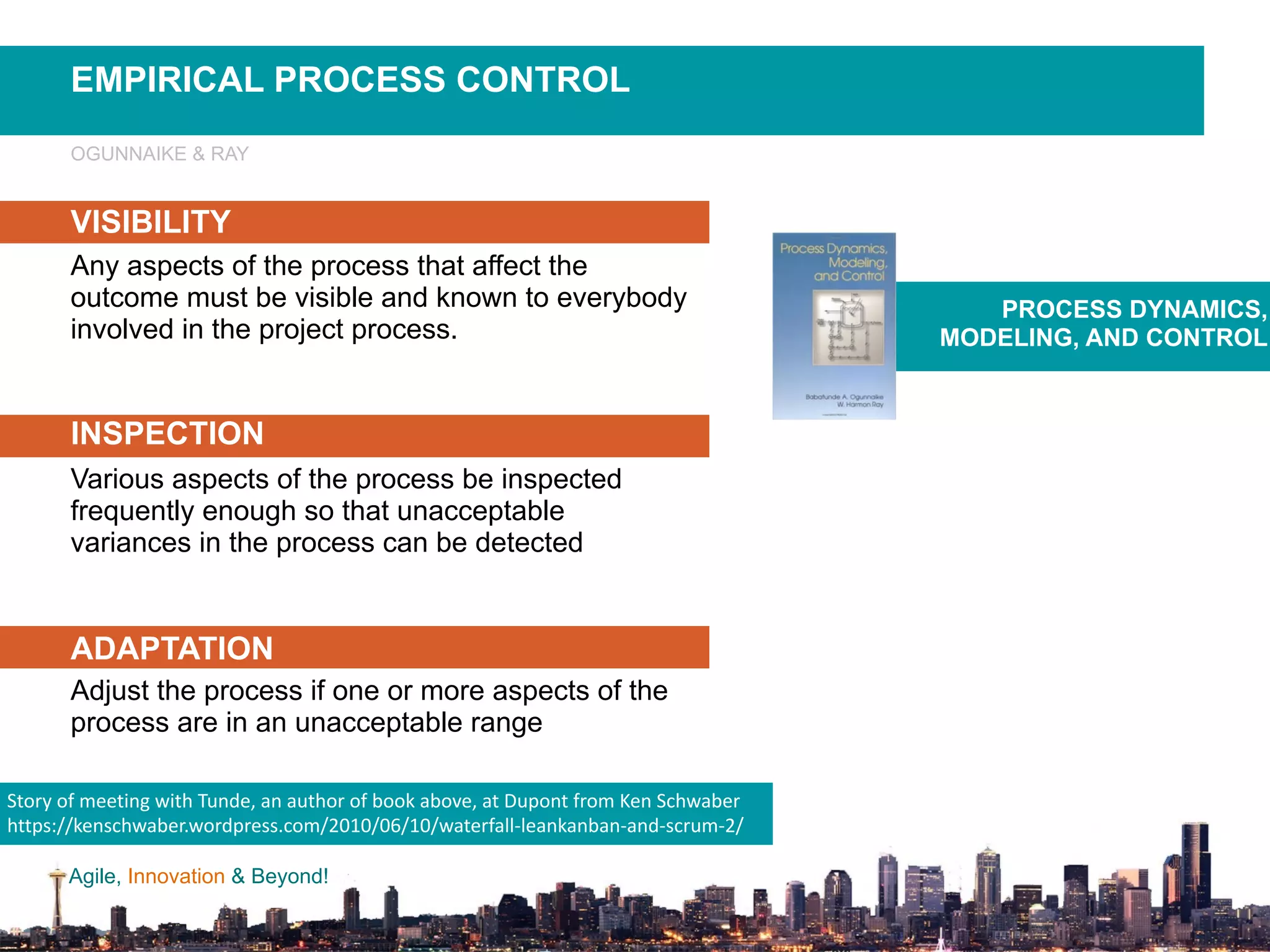 Agile, Innovation & Beyond!
EMPIRICAL PROCESS CONTROL
INSPECTION
ADAPTATION
VISIBILITY
Any aspects of the process that affect the
outcome must be visible and known to everybody
involved in the project process.
Various aspects of the process be inspected
frequently enough so that unacceptable
variances in the process can be detected
Adjust the process if one or more aspects of the
process are in an unacceptable range
PROCESS DYNAMICS,
MODELING, AND CONTROL
OGUNNAIKE & RAY
Story	of	meeting	with	Tunde,	an	author	of	book	above,	at	Dupont	from	Ken	Schwaber	
https://kenschwaber.wordpress.com/2010/06/10/waterfall-leankanban-and-scrum-2/	
 