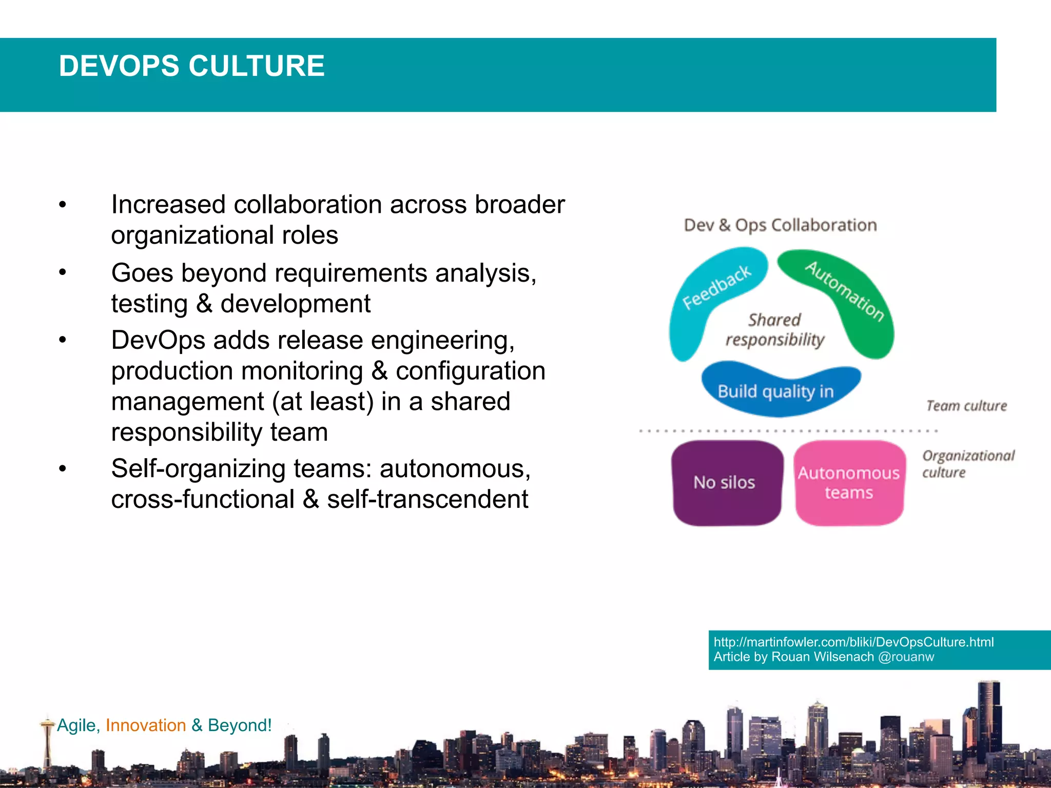 Agile, Innovation & Beyond!
DEVOPS CULTURE
http://martinfowler.com/bliki/DevOpsCulture.html
Article by Rouan Wilsenach @rouanw
• Increased collaboration across broader
organizational roles
• Goes beyond requirements analysis,
testing & development
• DevOps adds release engineering,
production monitoring & configuration
management (at least) in a shared
responsibility team
• Self-organizing teams: autonomous,
cross-functional & self-transcendent
 