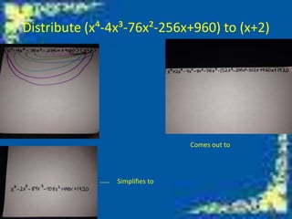 Distribute (x⁴-4x³-76x²-256x+960) to (x+2)

Comes out to

Simplifies to

 