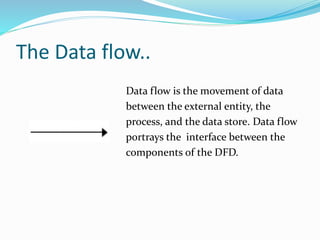 The Data flow..
Data flow is the movement of data
between the external entity, the
process, and the data store. Data flow
portrays the interface between the
components of the DFD.
 