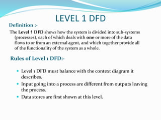 LEVEL 1 DFD
Definition :-
Rules of Level 1 DFD:-
The Level 1 DFD shows how the system is divided into sub-systems
(processes), each of which deals with one or more of the data
flows to or from an external agent, and which together provide all
of the functionality of the system as a whole.
 Level 1 DFD must balance with the context diagram it
describes.
 Input going into a process are different from outputs leaving
the process.
 Data stores are first shown at this level.
 