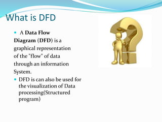 What is DFD
 A Data Flow
Diagram (DFD) is a
graphical representation
of the "flow" of data
through an information
System.
 DFD is can also be used for
the visualization of Data
processing(Structured
program)
 