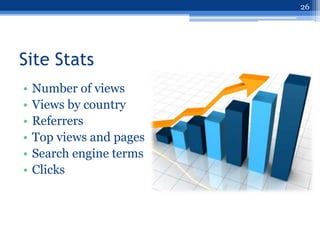 26




Site Stats
•   Number of views
•   Views by country
•   Referrers
•   Top views and pages
•   Search engine terms
•   Clicks
 