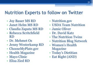 51



Nutrition Experts to follow on Twitter
•   Joy Bauer MS RD        • Nutrition.gov
•   Janet Helm MS RD       • USDA Team Nutrition
•   Claudia Zapata MS RD   • Jamie Oliver
•   Rebecca Scritchfield   • Dr. David Katz
    RD                     • The Nutrition Twins
•   Dr. Mehmet Oz          • Nutrition Blog Network
•   Jenny Westerkamp RD    • Women‟s Health
•   ChooseMyPlate.gov        Magazine
•   Health Magazine        • Today‟s Dietitian
•   Mayo Clinic            • Eat Right (AND)
•   Elisa Zied RD
 