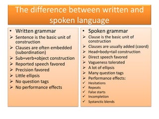 The difference between written and
spoken language
• Written grammar
 Sentence is the basic unit of
construction
 Clauses are often embedded
(subordination)
 Sub+verb+object construction
 Reported speech favored
 Precision favored
 Little ellipsis
 No question tags
 No performance effects
• Spoken grammar
 Clause is the basic unit of
construction
 Clauses are usually added (coord)
 Head+body+tail construction
 Direct speech favored
 Vagueness tolerated
 A lot of ellipsis
 Many question tags
 Performance effects:
 Hesitations
 Repeats
 False starts
 Incompletion
 Systanctic blends
 