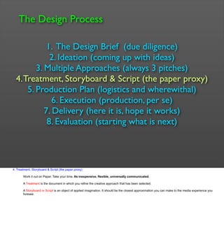 The Design Process
1. The Design Brief (due diligence)
2. Ideation (coming up with ideas)
3. Multiple Approaches (always 3...