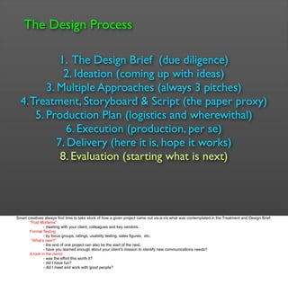 The Design Process
1. The Design Brief (due diligence)
2. Ideation (coming up with ideas)
3. Multiple Approaches (always 3...