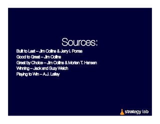 Sources:
Built to Last – Jim Collins & Jerry I. Porras
Good to Great – Jim Collins
Great by Choice – Jim Collins & Morten T. Hansen
Winning – Jack and Suzy Welch
Playing to Win – A.J. Laﬂey

 