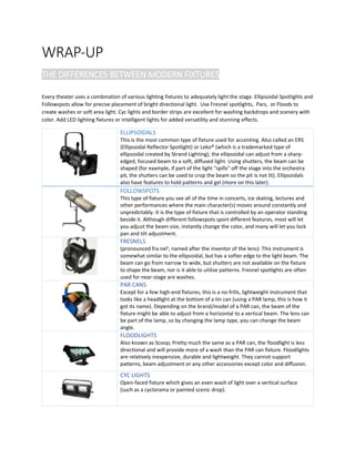 WRAP-UP
THE DIFFERENCES BETWEEN MODERN FIXTURES
Every theater uses a combination of various lighting fixtures to adequately light the stage. Ellipsoidal Spotlights and
Followspots allow for precise placement of bright directional light. Use Fresnel spotlights, Pars, or Floods to
create washes or soft area light. Cyc lights and border strips are excellent for washing backdrops and scenery with
color. Add LED lighting fixtures or intelligent lights for added versatility and stunning effects.
ELLIPSOIDALS
This is the most common type of fixture used for accenting. Also called an ERS
(Ellipsoidal Reflector Spotlight) or Leko® (which is a trademarked type of
ellipsoidal created by Strand Lighting), the ellipsoidal can adjust from a sharp-
edged, focused beam to a soft, diffused light. Using shutters, the beam can be
shaped (for example, if part of the light "spills" off the stage into the orchestra
pit, the shutters can be used to crop the beam so the pit is not lit). Ellipsoidals
also have features to hold patterns and gel (more on this later).
FOLLOWSPOTS
This type of fixture you see all of the time in concerts, ice skating, lectures and
other performances where the main character(s) moves around constantly and
unpredictably. It is the type of fixture that is controlled by an operator standing
beside it. Although different followspots sport different features, most will let
you adjust the beam size, instantly change the color, and many will let you lock
pan and tilt adjustment.
FRESNELS
(pronounced fra nel'; named after the inventor of the lens): This instrument is
somewhat similar to the ellipsoidal, but has a softer edge to the light beam. The
beam can go from narrow to wide, but shutters are not available on the fixture
to shape the beam, nor is it able to utilize patterns. Fresnel spotlights are often
used for near-stage are washes.
PAR CANS
Except for a few high-end fixtures, this is a no-frills, lightweight instrument that
looks like a headlight at the bottom of a tin can (using a PAR lamp, this is how it
got its name). Depending on the brand/model of a PAR can, the beam of the
fixture might be able to adjust from a horizontal to a vertical beam. The lens can
be part of the lamp, so by changing the lamp type, you can change the beam
angle.
FLOODLIGHTS
Also known as Scoop; Pretty much the same as a PAR can, the floodlight is less
directional and will provide more of a wash than the PAR can fixture. Floodlights
are relatively inexpensive, durable and lightweight. They cannot support
patterns, beam adjustment or any other accessories except color and diffusion.
CYC LIGHTS
Open-faced fixture which gives an even wash of light over a vertical surface
(such as a cyclorama or painted scenic drop).
 