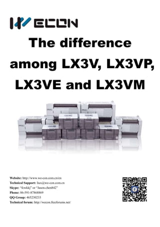The difference
among LX3V, LX3VP,
LX3VE and LX3VM
Website: http://www.we-con.com.cn/en
Technical Support: liux@we-con.com.cn
Skype: “fcwkkj” or “Jason.chen842”
Phone: 86-591-87868869
QQ Group: 465230233
Technical forum: http://wecon.freeforums.net/
 