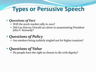 Types or Persusive Speech
 Questions of Fact
   Will the stock market rally in 2010?
   Did Lee Harvey Oswald act alone in assassinating President
    John F. Kennedy?

 Questions of Policy
   Are smokers being unfairly singled out for higher taxation?


 Questions of Value
   Do people have the right to choose to die with dignity?
 
