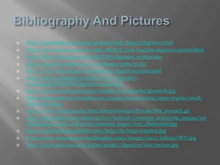 Bibliography And Pictureshttp://kidshealth.org/parent/general/body_basics/digestive.htmlhttp://www.ehow.com/how-does_4923672_liver-function-digestive-system.htmlhttp://library.thinkquest.org/J0112390/digestive_system.htmhttp://digestive.niddk.nih.gov/ddiseases/pubs/yrdd/http://www.nlm.nih.gov/medlineplus/digestivesystem.htmlhttp://sjesci.wikispaces.com/file/view/Digestive-system.jpg/169321561/Digestive-system.jpghttp://www.nature.com/gimo/contents/pt1/thumbs/gimo6-f6.jpghttp://visual.merriam-webster.com/images/human-being/sense-organs/smell-taste/mouth.jpghttp://www.sccollege.edu/SiteCollectionImages/Private/816_stomach.gifhttp://img.webmd.com/dtmcms/live/webmd/consumer_assets/site_images/articles/image_article_collections/anatomy_pages/liver_illustration.jpghttp://medicalimages.allrefer.com/large/the-large-intestine.jpghttp://www.nlm.nih.gov/medlineplus/ency/images/ency/fullsize/9811.jpghttp://www.acm.uiuc.edu/sigbio/project/digestive/late/rectum.jpg