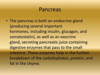 Pancreas
• The pancreas is both an endocrine gland
  (producing several important
  hormones, including insulin, glucagon, and
  somatostatin), as well as an exocrine
  gland, secreting pancreatic juice containing
  digestive enzymes that pass to the small
  intestine. These enzymes help in the further
  breakdown of the carbohydrates, protein, and
  fat in the chyme.
 
