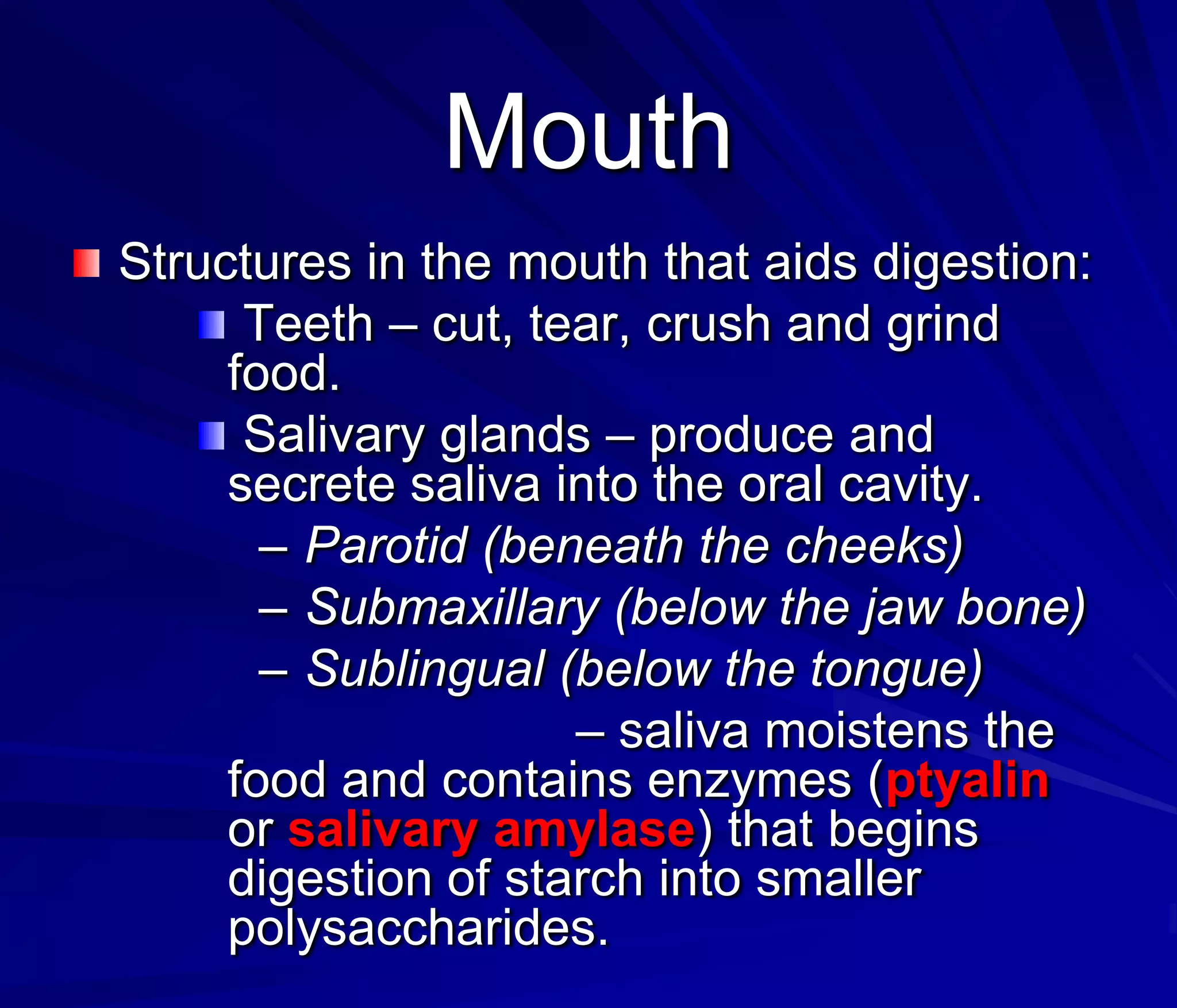 Mouth
Structures in the mouth that aids digestion:
      Teeth – cut, tear, crush and grind
     food.
      Salivary glands – produce and
     secrete saliva into the oral cavity.
       – Parotid (beneath the cheeks)
       – Submaxillary (below the jaw bone)
       – Sublingual (below the tongue)
                     – saliva moistens the
     food and contains enzymes (ptyalin
     or salivary amylase) that begins
     digestion of starch into smaller
     polysaccharides.
 