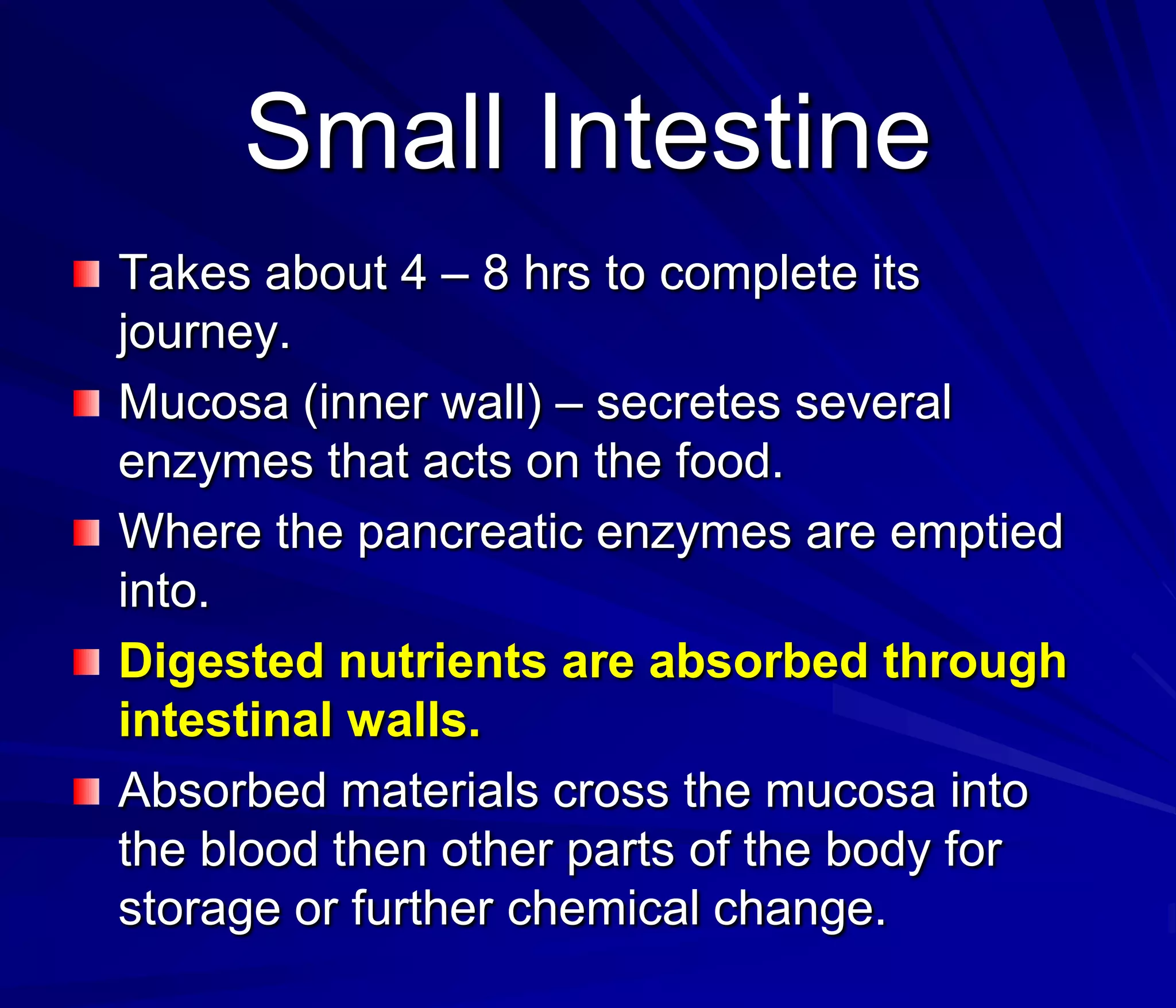 Small Intestine
Takes about 4 – 8 hrs to complete its
journey.
Mucosa (inner wall) – secretes several
enzymes that acts on the food.
Where the pancreatic enzymes are emptied
into.
Digested nutrients are absorbed through
intestinal walls.
Absorbed materials cross the mucosa into
the blood then other parts of the body for
storage or further chemical change.
 