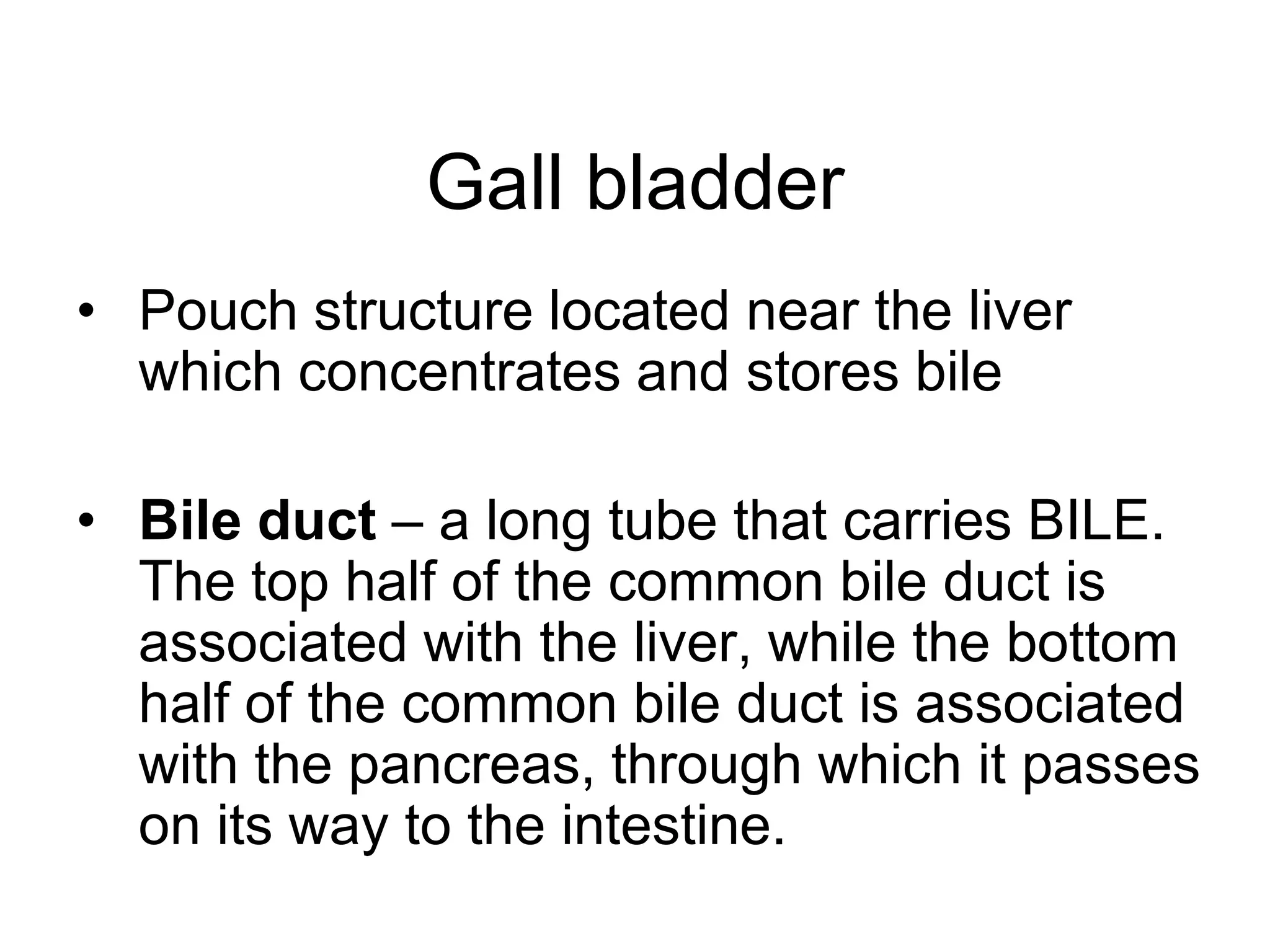 Gall bladder
• Pouch structure located near the liver
  which concentrates and stores bile

• Bile duct – a long tube that carries BILE.
  The top half of the common bile duct is
  associated with the liver, while the bottom
  half of the common bile duct is associated
  with the pancreas, through which it passes
  on its way to the intestine.
 