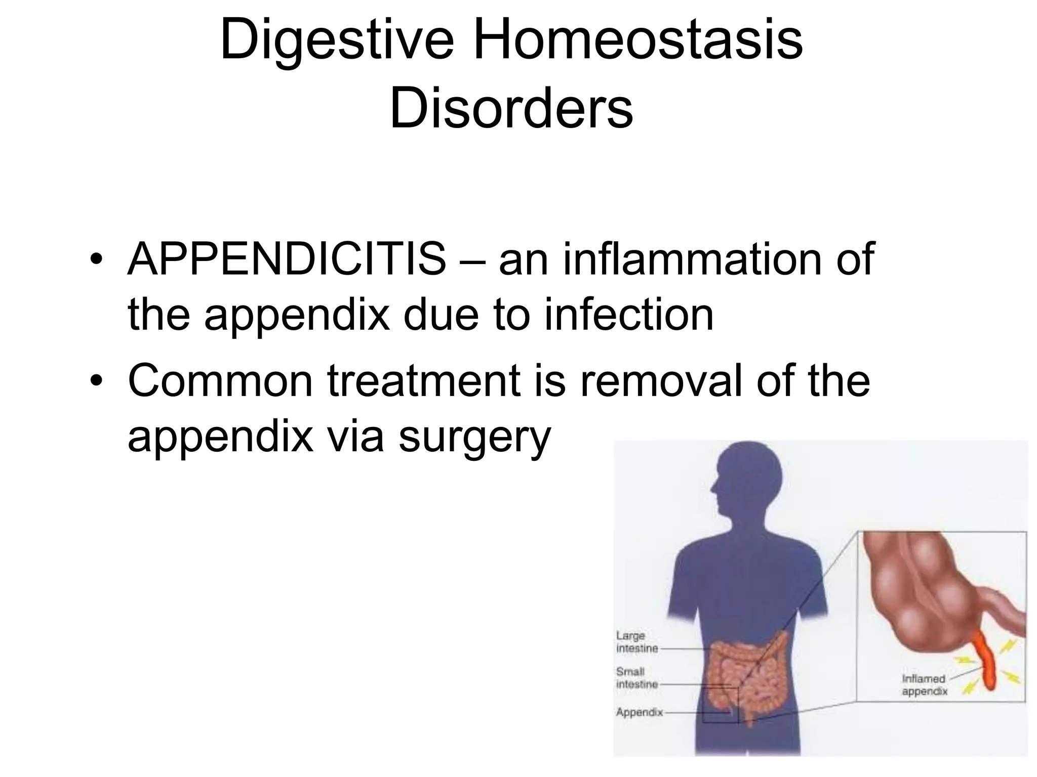 Digestive Homeostasis
           Disorders

• APPENDICITIS – an inflammation of
  the appendix due to infection
• Common treatment is removal of the
  appendix via surgery
 