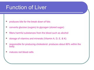 Function of Liver 
 produces bile for the break down of fats 
 converts glucose (sugars) to glycogen (stored sugar) 
 filters harmful substances from the blood such as alcohol 
 storage of vitamins and minerals (Vitamin A, D, E, & K) 
 responsible for producing cholesterol. produces about 80% within the 
body. 
 matures red blood cells 
 