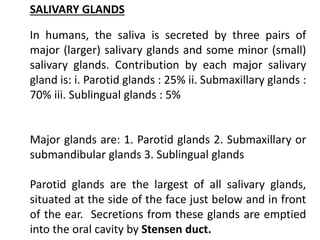 SALIVARY GLANDS
In humans, the saliva is secreted by three pairs of
major (larger) salivary glands and some minor (small)
salivary glands. Contribution by each major salivary
gland is: i. Parotid glands : 25% ii. Submaxillary glands :
70% iii. Sublingual glands : 5%
Major glands are: 1. Parotid glands 2. Submaxillary or
submandibular glands 3. Sublingual glands
Parotid glands are the largest of all salivary glands,
situated at the side of the face just below and in front
of the ear. Secretions from these glands are emptied
into the oral cavity by Stensen duct.
 