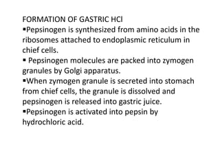 FORMATION OF GASTRIC HCl
Pepsinogen is synthesized from amino acids in the
ribosomes attached to endoplasmic reticulum in
chief cells.
 Pepsinogen molecules are packed into zymogen
granules by Golgi apparatus.
When zymogen granule is secreted into stomach
from chief cells, the granule is dissolved and
pepsinogen is released into gastric juice.
Pepsinogen is activated into pepsin by
hydrochloric acid.
 