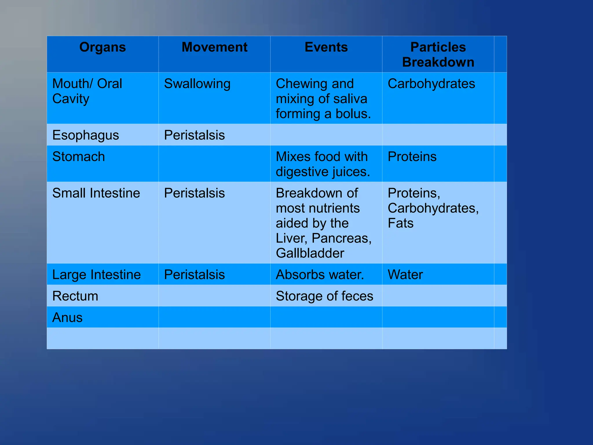 Organs Movement Events Particles
Breakdown
Mouth/ Oral
Cavity
Swallowing Chewing and
mixing of saliva
forming a bolus.
Carbohydrates
Esophagus Peristalsis
Stomach Mixes food with
digestive juices.
Proteins
Small Intestine Peristalsis Breakdown of
most nutrients
aided by the
Liver, Pancreas,
Gallbladder
Proteins,
Carbohydrates,
Fats
Large Intestine Peristalsis Absorbs water. Water
Rectum Storage of feces
Anus
 