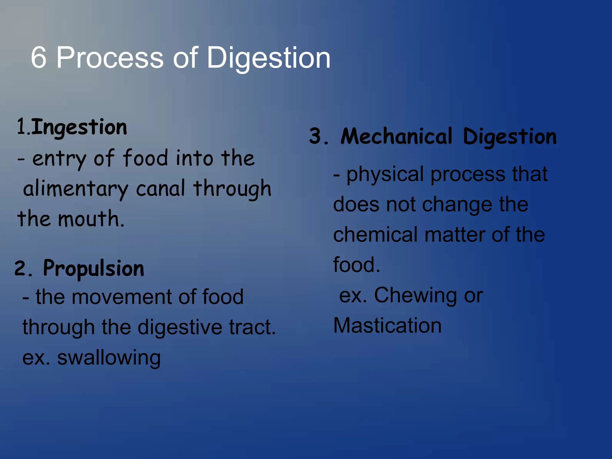 6 Process of Digestion
1.Ingestion
- entry of food into the
alimentary canal through
the mouth.
2. Propulsion
- the movement of food
through the digestive tract.
ex. swallowing
3. Mechanical Digestion
- physical process that
does not change the
chemical matter of the
food.
ex. Chewing or
Mastication
 