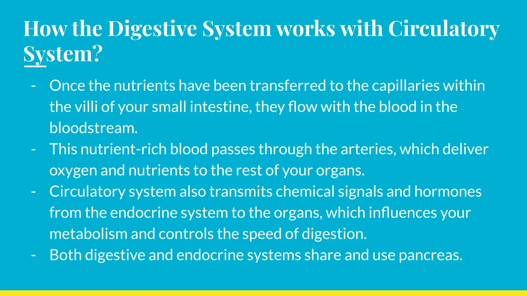 How the Digestive System works with Circulatory
System?
- Once the nutrients have been transferred to the capillaries within
the villi of your small intestine, they ﬂow with the blood in the
bloodstream.
- This nutrient-rich blood passes through the arteries, which deliver
oxygen and nutrients to the rest of your organs.
- Circulatory system also transmits chemical signals and hormones
from the endocrine system to the organs, which inﬂuences your
metabolism and controls the speed of digestion.
- Both digestive and endocrine systems share and use pancreas.
 
