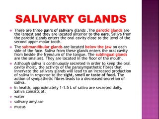  There are three pairs of salivary glands .The parotid glands are
the largest and they are located anterior to the ears. Saliva from
the parotid glands enters the oral cavity close to the level of the
second upper molar tooth.
 The submandibular glands are located below the jaw on each
side of the face. Saliva from these glands enters the oral cavity
from beside the frenulum of the tongue. The sublingual glands
are the smallest. They are located in the floor of the mouth.
 Although saliva is continuously secreted in order to keep the oral
cavity moist, the activity of the parasympathetic fibres that
innervate the salivary glands will lead to an increased production
of saliva in response to the sight, smell or taste of food. The
action of sympathetic fibres leads to a decreased secretion of
saliva.
 In health, approximately 1–1.5 L of saliva are secreted daily.
Saliva consists of:
 water
 salivary amylase
 mucus
 