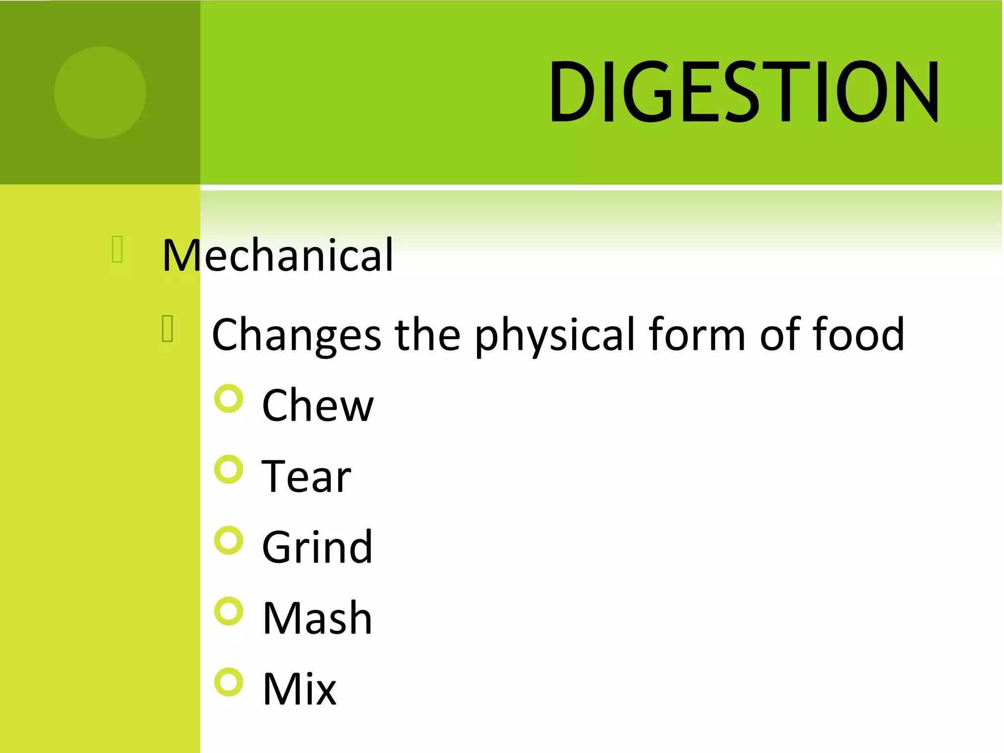 DIGESTION
   Mechanical
       Changes the physical form of food
         Chew
         Tear
         Grind
         Mash
         Mix
 