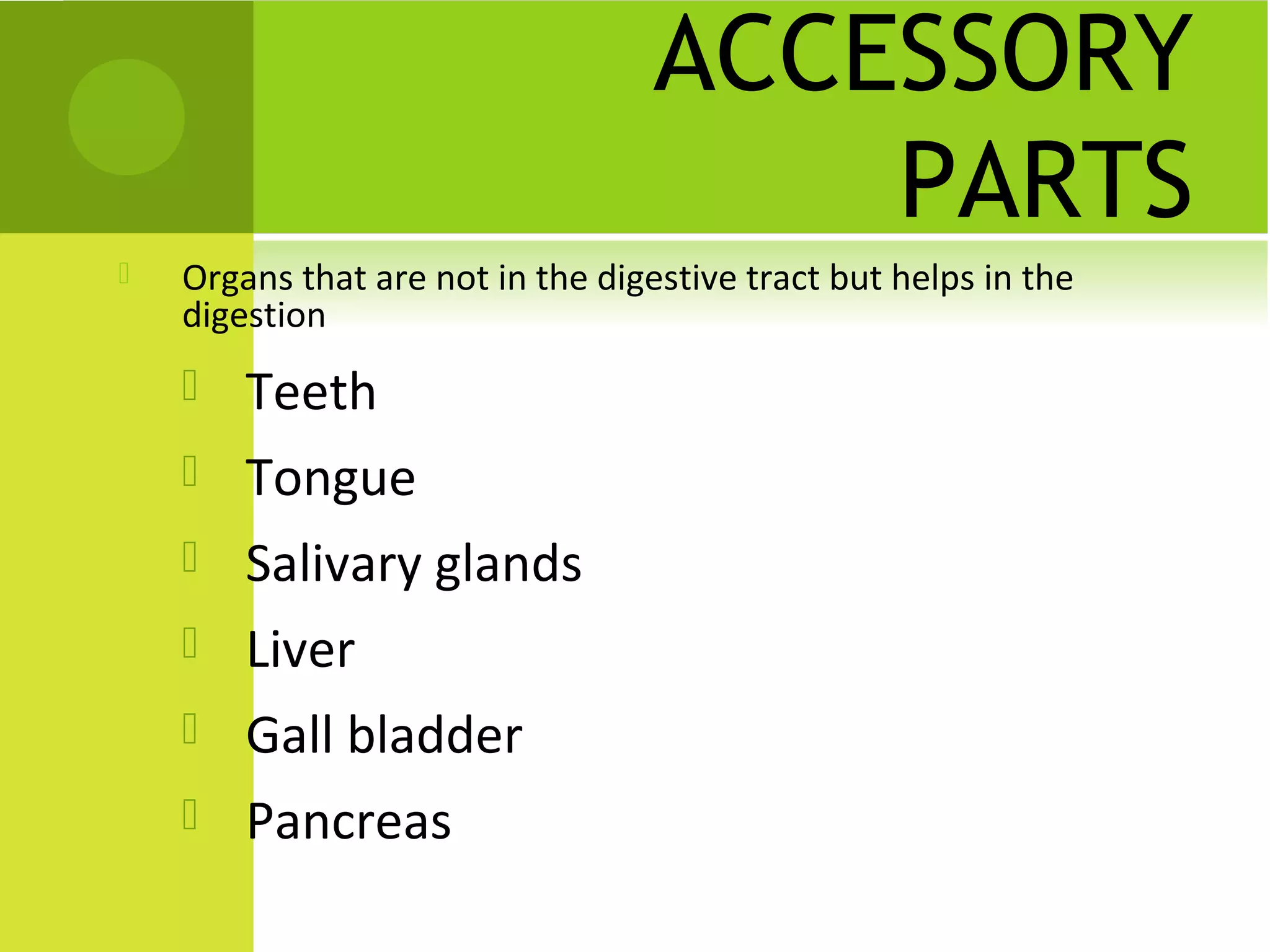 ACCESSORY
                                       PARTS
   Organs that are not in the digestive tract but helps in the
    digestion
       Teeth
       Tongue
       Salivary glands
       Liver
       Gall bladder
       Pancreas
 