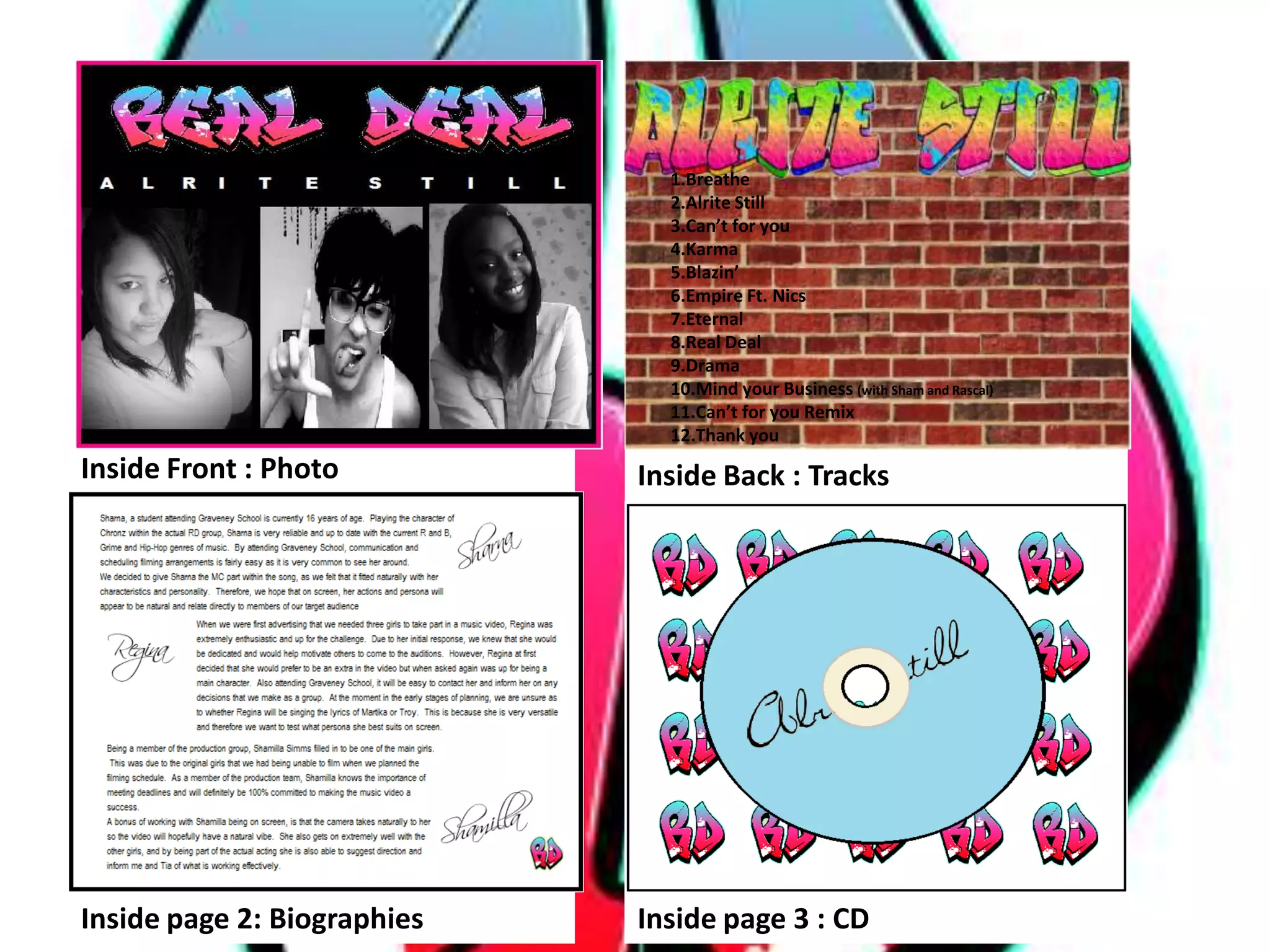 1.Breathe
                               2.Alrite Still
                               3.Can’t for you
                               4.Karma
                               5.Blazin’
                               6.Empire Ft. Nics
                               7.Eternal
                               8.Real Deal
                               9.Drama
                               10.Mind your Business (with Sham and Rascal)
                               11.Can’t for you Remix
                               12.Thank you
Inside Front : Photo         Inside Back : Tracks




Inside page 2: Biographies   Inside page 3 : CD
 