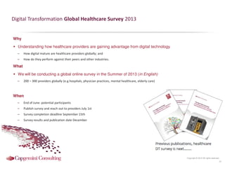 Digital Transformation Global Healthcare Survey 2013

Why
Understanding how healthcare providers are gaining advantage from digital technology.
–

How digital mature are healthcare providers globally; and

–

How do they perform against their peers and other industries.

What
We will be conducting a global online survey in the Summer of 2013 (in English)
–

200 – 300 providers globally (e.g.hospitals, physician practices, mental healthcare, elderly care)

When
–

End of June: potential participants

–

Publish survey and reach out to providers July 1st

–

Survey completion deadline September 15th

–

Survey results and publication date December

Copyright © 2012 All rights reserved.

19

 