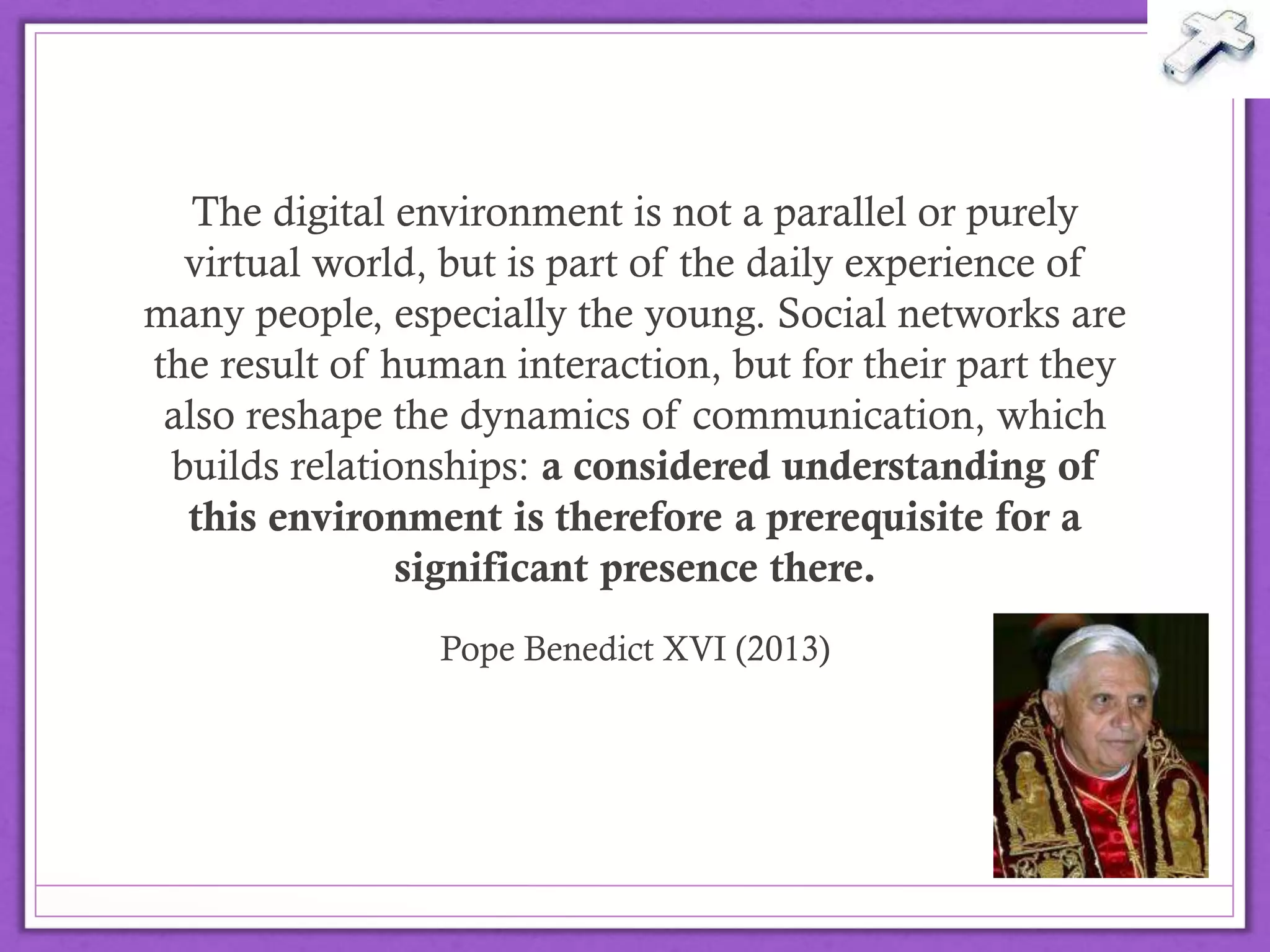 [If we are…] means by which God communicates
and reveals himself through his Spirit, then our blog
posts, status updates, tweets, artistic images, and
online comments should be products of a life
transformed by Christ and indwelled by his Spirit. As
restored image bearers, our online presence and
activity should image the Triune God.
Byers, A. Theomedia (2013, 196)
@drbexl
 