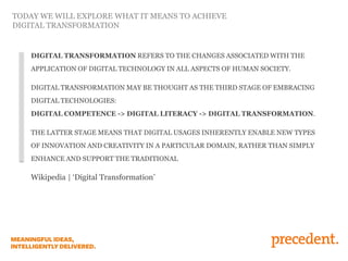 TODAY WE WILL EXPLORE WHAT IT MEANS TO ACHIEVE
DIGITAL TRANSFORMATION

DIGITAL TRANSFORMATION REFERS TO THE CHANGES ASSOCIATED WITH THE
APPLICATION OF DIGITAL TECHNOLOGY IN ALL ASPECTS OF HUMAN SOCIETY.
DIGITAL TRANSFORMATION MAY BE THOUGHT AS THE THIRD STAGE OF EMBRACING

DIGITAL TECHNOLOGIES:
DIGITAL COMPETENCE -> DIGITAL LITERACY -> DIGITAL TRANSFORMATION.
THE LATTER STAGE MEANS THAT DIGITAL USAGES INHERENTLY ENABLE NEW TYPES
OF INNOVATION AND CREATIVITY IN A PARTICULAR DOMAIN, RATHER THAN SIMPLY

ENHANCE AND SUPPORT THE TRADITIONAL

Wikipedia | ‘Digital Transformation’

 