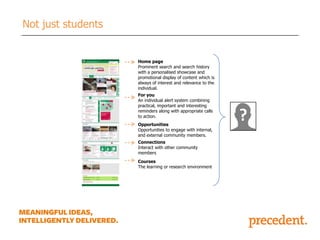 Not just students

Home page
Prominent search and search history
with a personalised showcase and
promotional display of content which is
always of interest and relevance to the
individual.
For you
An individual alert system combining
practical, important and interesting
reminders along with appropriate calls
to action.
Opportunities
Opportunities to engage with internal,
and external community members.
Connections
Interact with other community
members
Courses
The learning or research environment

?

 