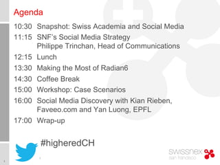 1
Agenda
10:30 Snapshot: Swiss Academia and Social Media
11:15 SNF’s Social Media Strategy
Philippe Trinchan, Head of Communications
12:15 Lunch
13:30 Making the Most of Radian6
14:30 Coffee Break
15:00 Workshop: Case Scenarios
16:00 Social Media Discovery with Kian Rieben,
Faveeo.com and Yan Luong, EPFL
17:00 Wrap-up
#higheredCH
 