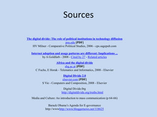 Higher income individuals are more likely to use the internet for e-commerce.Digital Divide in the Classroom74% of college level writing instructors do not use social networking sites such as Facebook.Most students are more technologically adept than their instructors.Technology literacy instruction is neglected in compulsory education, the current focus in the classroom is on research.Technological literacy instruction teaches students understand the cultural impact of reading, writing, and communicating with computers.