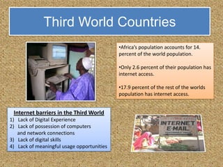 Education and IncomeEducation and Income have been shown to have a direct effect on internet access.Low-income people have a lower opportunity cost of leisure time.