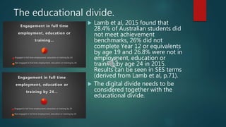 The educational divide.
 Lamb et al, 2015 found that
28.4% of Australian students did
not meet achievement
benchmarks, 26% did not
complete Year 12 or equivalents
by age 19 and 26.8% were not in
employment, education or
training by age 24 in 2015.
Results can be seen in SES terms
(derived from Lamb et al, p.71).
 The digital divide needs to be
considered together with the
educational divide.
Engagement in full time
employment, education or
training…
Engaged in full time employment, education or training by 24
Not engaged in full time employment, education or training by 24.
Engagement in full time
employment, education or
training by 24…
Engaged in full time employment, education or training by 24
Not engaged in full time employment, education or training by 24.
 