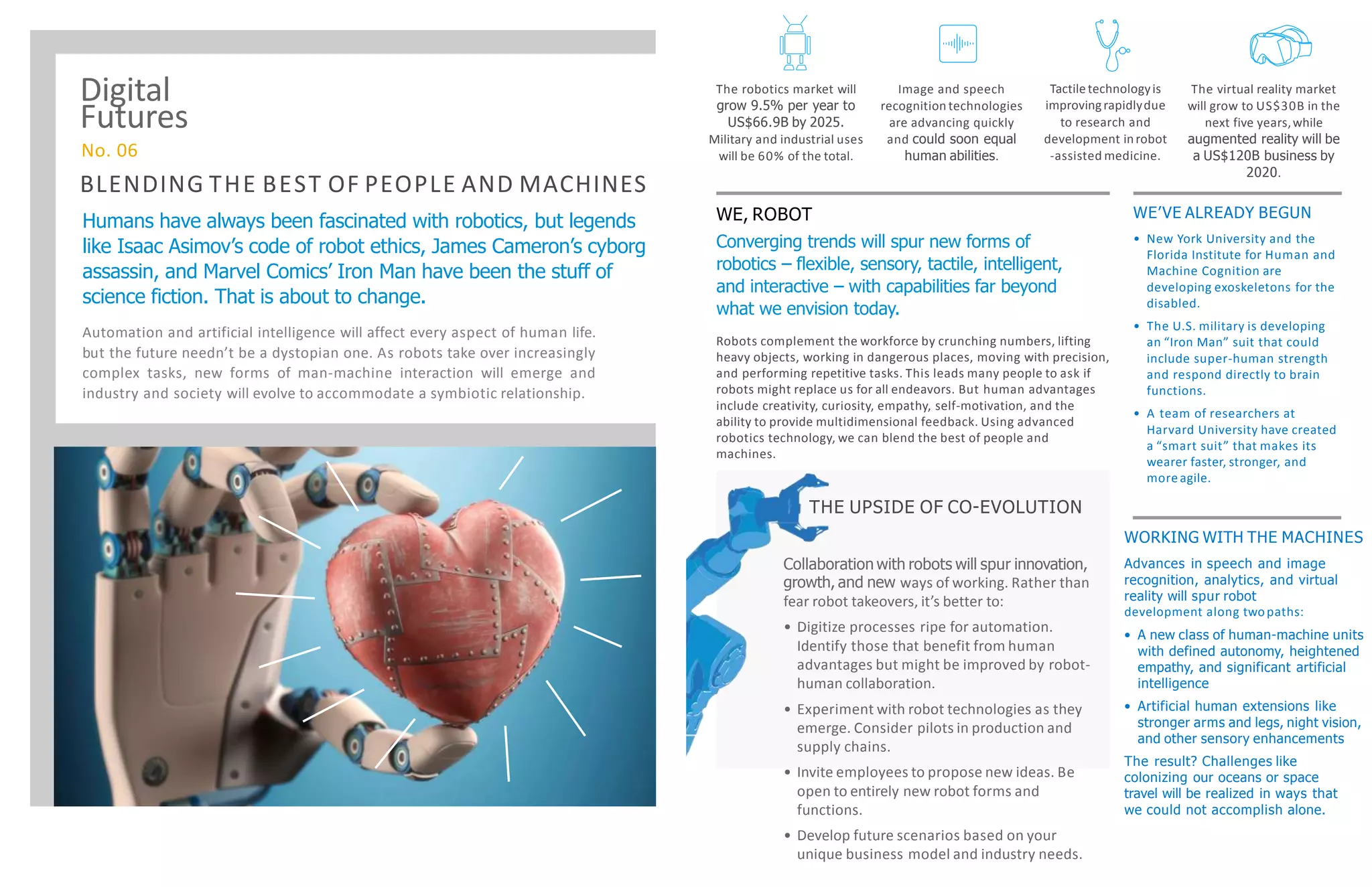 BLENDING THE BEST OF PEOPLE AND MACHINES
Humans have always been fascinated with robotics, but legends
like Isaac Asimov’s code of robot ethics, James Cameron’s cyborg
assassin, and Marvel Comics’ Iron Man have been the stuff of
science fiction. That is about to change.
Automation and artificial intelligence will affect every aspect of human life.
but the future needn’t be a dystopian one. As robots take over increasingly
complex tasks, new forms of man-machine interaction will emerge and
industry and society will evolve to accommodate a symbiotic relationship.
WE, ROBOT
Converging trends will spur new forms of
robotics – flexible, sensory, tactile, intelligent,
and interactive – with capabilities far beyond
what we envision today.
Robots complement the workforce by crunching numbers, lifting
heavy objects, working in dangerous places, moving with precision,
and performing repetitive tasks. This leads many people to ask if
robots might replace us for all endeavors. But human advantages
include creativity, curiosity, empathy, self-motivation, and the
ability to provide multidimensional feedback. Using advanced
robotics technology, we can blend the best of people and
machines.
The robotics market will
grow 9.5% per year to
US$66.9B by 2025.
Military and industrial uses
will be 60% of the total.
Image and speech
recognition technologies
are advancing quickly
and could soon equal
human abilities.
Tactiletechnologyis
improvingrapidlydue
to research and
development inrobot
-assisted medicine.
The virtual reality market
will grow to US$30B in the
next five years,while
augmented reality will be
a US$120B business by
2020.
WE’VE ALREADY BEGUN
• New York University and the
Florida Institute for Human and
Machine Cognition are
developing exoskeletons for the
disabled.
• The U.S. military is developing
an “Iron Man” suit that could
include super-human strength
and respond directly to brain
functions.
• A team of researchers at
Harvard University have created
a “smart suit” that makes its
wearer faster, stronger, and
more agile.
WORKING WITH THE MACHINES
Advances in speech and image
recognition, analytics, and virtual
reality will spur robot
development along twopaths:
• A new class of human-machine units
with defined autonomy, heightened
empathy, and significant artificial
intelligence
• Artificial human extensions like
stronger arms and legs, night vision,
and other sensory enhancements
The result? Challenges like
colonizing our oceans or space
travel will be realized in ways that
we could not accomplish alone.
THE UPSIDE OF CO-EVOLUTION
Collaboration with robots will spur innovation,
growth, and new ways of working. Rather than
fear robot takeovers, it’s better to:
• Digitize processes ripe for automation.
Identify those that benefit from human
advantages but might be improved by robot-
human collaboration.
• Experiment with robot technologies as they
emerge. Consider pilots in production and
supply chains.
• Invite employees to propose new ideas. Be
open to entirely new robot forms and
functions.
• Develop future scenarios based on your
unique business model and industry needs.
Digital
Futures
No. 06
 