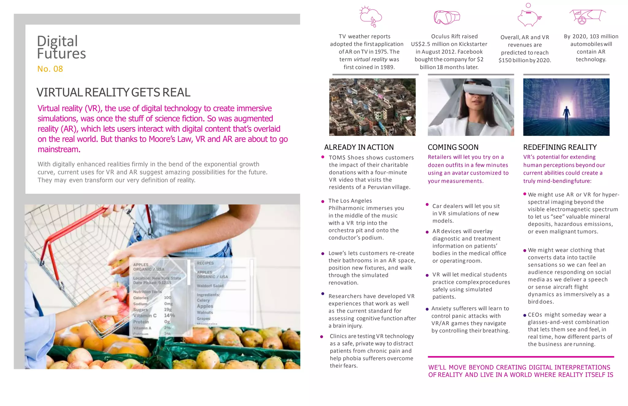 VIRTUALREALITYGETS REAL
Virtual reality (VR), the use of digital technology to create immersive
simulations, was once the stuff of science fiction. So was augmented
reality (AR), which lets users interact with digital content that’s overlaid
on the real world. But thanks to Moore’s Law, VR and AR are about to go
mainstream.
With digitally enhanced realities firmly in the bend of the exponential growth
curve, current uses for VR and AR suggest amazing possibilities for the future.
They may even transform our very definition of reality.
TV weather reports
adopted the firstapplication
of AR on TV in 1975. The
term virtual reality was
first coined in 1989.
Oculus Rift raised
US$2.5 million on Kickstarter
in August 2012. Facebook
boughtthe company for $2
billion18 months later.
Overall, AR and VR
revenues are
predicted toreach
$150 billionby2020.
By 2020, 103 million
automobileswill
contain AR
technology.
VR’s potential for extending
human perceptions beyond our
current abilities could create a
truly mind-bendingfuture:
We might use AR or VR for hyper-
spectral imaging beyond the
visible electromagnetic spectrum
to let us “see” valuable mineral
deposits, hazardous emissions,
or even malignant tumors.
We might wear clothing that
converts data into tactile
sensations so we can feel an
audience responding on social
media as we deliver a speech
or sense aircraft flight
dynamics as immersively as a
birddoes.
CEOs might someday wear a
glasses-and-vest combination
that lets them see and feel, in
real time, how different parts of
the business are running.
REDEFINING REALITY
Retailers will let you try on a
dozen outfits in a few minutes
using an avatar customized to
your measurements.
Car dealers will let you sit
in VR simulations of new
models.
AR devices will overlay
diagnostic and treatment
information on patients’
bodies in the medical office
or operatingroom.
VR will let medical students
practice complexprocedures
safely using simulated
patients.
Anxiety sufferers will learn to
control panic attacks with
VR/AR games they navigate
by controlling their breathing.
COMING SOON
TOMS Shoes shows customers
the impact of their charitable
donations with a four-minute
VR video that visits the
residents of a Peruvian village.
The Los Angeles
Philharmonic immerses you
in the middle of the music
with a VR trip into the
orchestra pit and onto the
conductor’s podium.
Lowe’s lets customers re-create
their bathrooms in an AR space,
position new fixtures, and walk
through the simulated
renovation.
Researchers have developed VR
experiences that work as well
as the current standard for
assessing cognitive function after
a brain injury.
Clinics are testingVR technology
as a safe, private way to distract
patients from chronic pain and
help phobia sufferers overcome
their fears.
ALREADY IN ACTION
Digital
Futures
No. 08
WE’LL MOVE BEYOND CREATING DIGITAL INTERPRETATIONS
OF REALITY AND LIVE IN A WORLD WHERE REALITY ITSELF IS
 