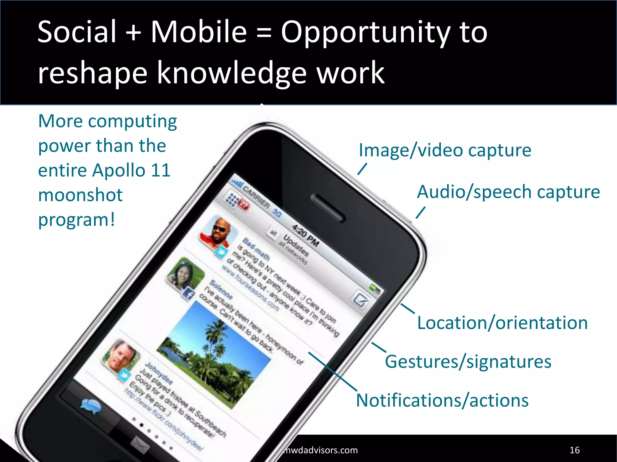 Social + Mobile = Opportunity to
reshape knowledge work
More computing
power than the
entire Apollo 11
moonshot
program!

Image/video capture
Audio/speech capture

Location/orientation
Gestures/signatures

Notifications/actions
© MWD Advisors 2010

www.mwdadvisors.com

16

 