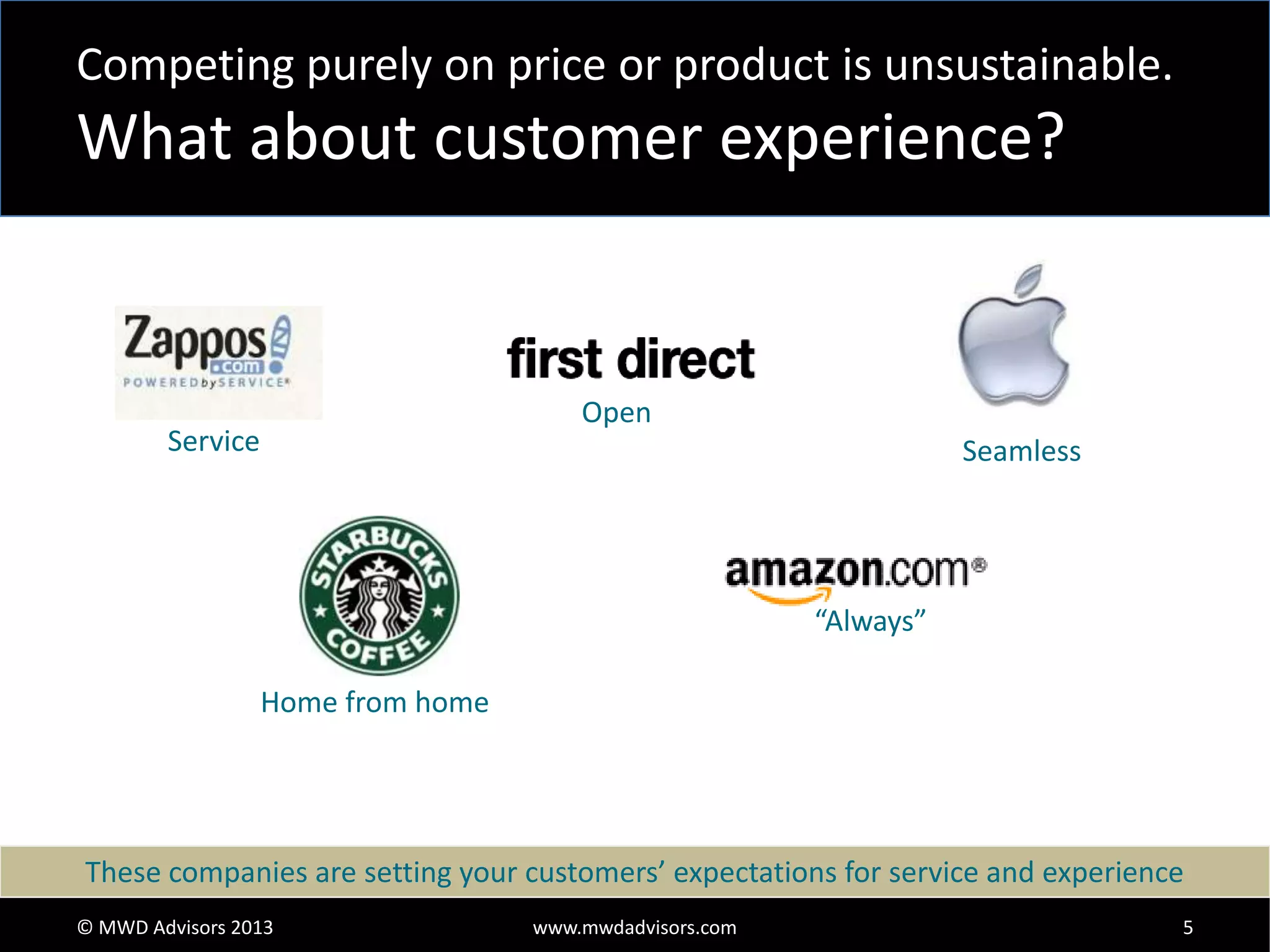 Competing purely on price or product is unsustainable.

What about customer experience?

Open

Service

Seamless

“Always”
Home from home

These companies are setting your customers’ expectations for service and experience
© MWD Advisors 2013

www.mwdadvisors.com

5

 