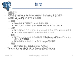 概要
• 自己紹介
• 資策会 (Institute for Information Industry, III)の紹介
• 台湾PostgreSQLのデジタル体験
– 啓蒙
• 2006 台湾第二段階デジタル化政府の推進
• 2008 オープンソース環境の構築&初期コミュニティの状況
– 深耕
• 2012-2016 クラウドプラットフォームとクラウドデータベースの研究
• 2015 台湾鉄道の第4世代のチケット予約システム
– 転化
• 2017 オープンソースの人材育成と台湾のPostgreSQLユーザーコミュ
ニティが再び推進
• 2018 台湾インダストリー4.0でのPostgreSQL運用
– 展望
• 2019-2022 City Data Exchange Platform
• Taiwan PostgreSQL User Group (2017-now)
2Taiwan PostgreSQL User Group2019/11/20
 