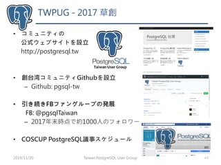 TWPUG - 2017 草創
• コミュニティの
公式ウェブサイトを設立
http://postgresql.tw
• 創台湾コミュニティGithubを設立
– Github: pgsql-tw
• 引き続きFBファングループの発展
FB: @pgsqlTaiwan
– 2017年末時点で約1000人のフォロワー
• COSCUP PostgreSQL議事スケジュール
Taiwan PostgreSQL User Group 222019/11/20
 