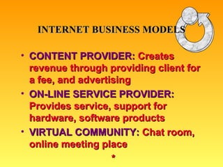 CONTENT PROVIDER:   Creates revenue through providing client for a fee, and advertising ON-LINE SERVICE PROVIDER:   Provides service, support for hardware, software products VIRTUAL COMMUNITY:  Chat room, online meeting place * INTERNET BUSINESS MODELS 